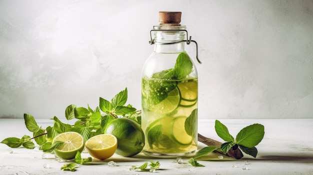 Un bicchiere di frullato verde con foglie di menta su un tavolo bianco