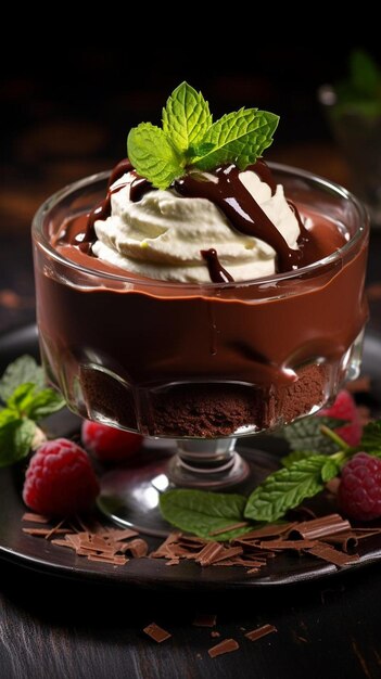 un bicchiere di gelato al cioccolato con sopra una fragola