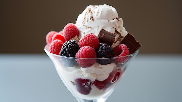 un bicchiere di gelato con frutti di bosco e cioccolato