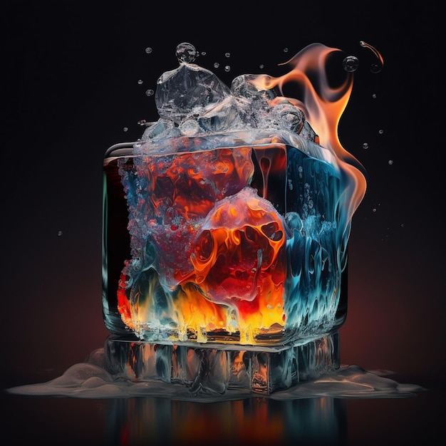 Un bicchiere di ghiaccio e fuoco in un liquido.