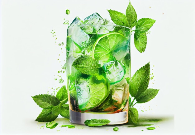 Un bicchiere di ghiaccio e una bibita con una bibita verde e una foglia di menta sul fondo