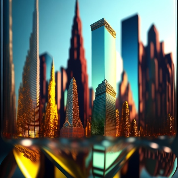 Un bicchiere di grattacieli con sopra la scritta "città".