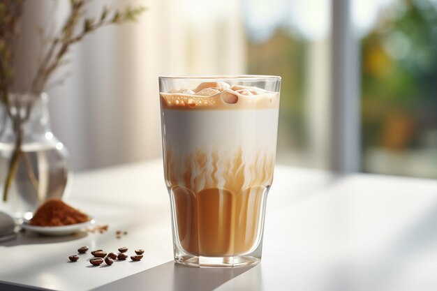 Un bicchiere di gustoso latte macchiato sul tavolo del caffè