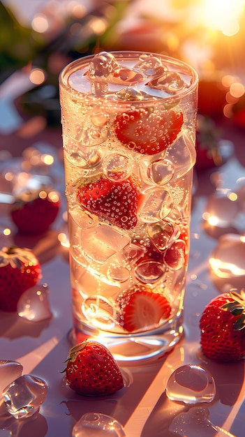 Un bicchiere di highball con ghiaccio e fragole una bevanda rinfrescante sul tavolo