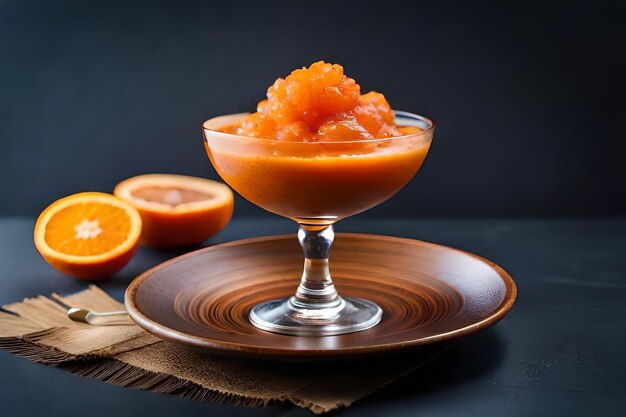 un bicchiere di insalata di frutta è su un piatto con uno sfondo nero.