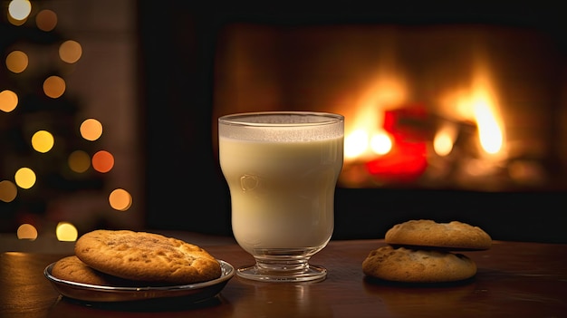Un bicchiere di latte accanto a un bicchiere di latte e biscotti su un tavolo davanti a un caminetto.
