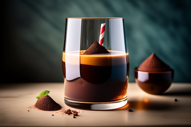 Un bicchiere di latte al cioccolato con una cannuccia a strisce rosse e bianche si trova su un tavolo accanto a una ciotola di cioccolato.