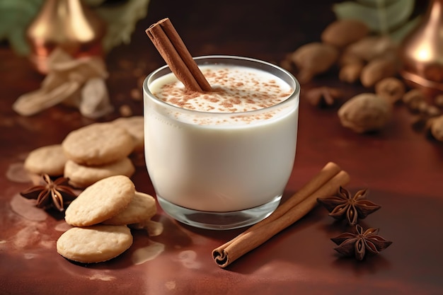 un bicchiere di latte con bastoncini di cannella e anice stellato