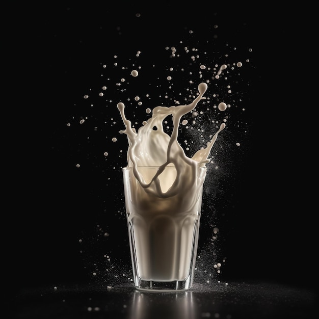 Un bicchiere di latte con dentro un goccio di latte.