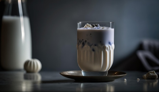 Un bicchiere di latte con una guarnizione di mirtilli si trova su un piattino.