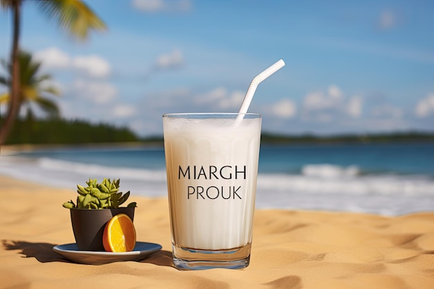 Un bicchiere di latte con una noce di cocco e un piatto di frutta su un tavolo.