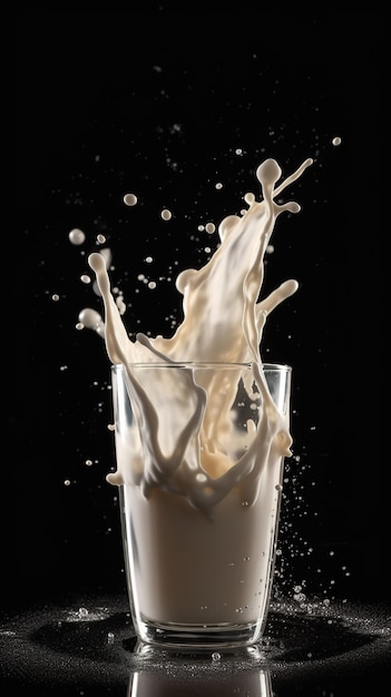 Un bicchiere di latte con una spruzzata di latte su uno sfondo nero