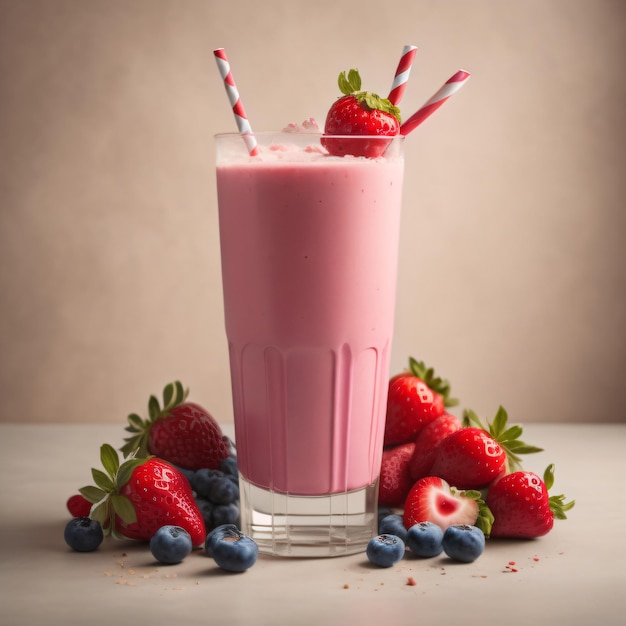 Un bicchiere di latte di fragola con fragole e fragole su un tavolo.