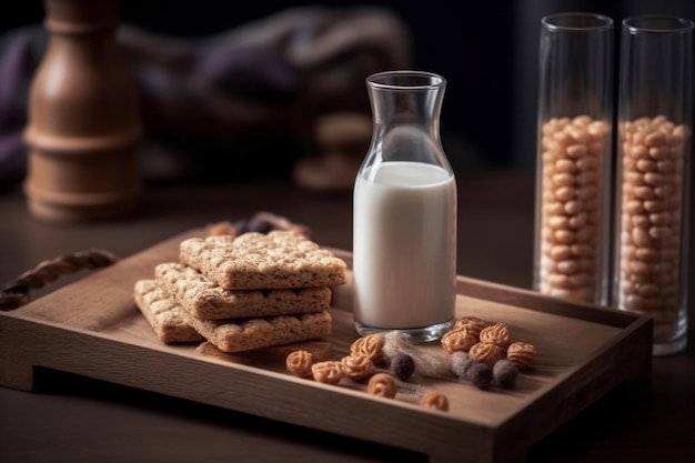 Un bicchiere di latte di mandorla accanto a un bicchiere di mandorle e una bottiglia di mandorle.