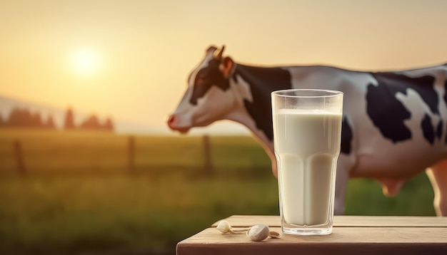 Un bicchiere di latte fresco sullo sfondo di un campo e una mucca in una fattoria ecologica