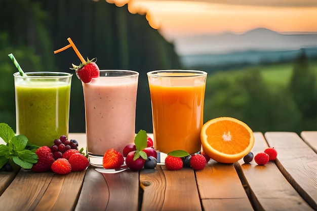 un bicchiere di latte, frutta e una bevanda alla fragola su un tavolo.