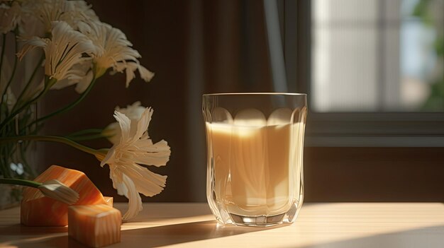 Un bicchiere di latte su un tavolo accanto ai fiori