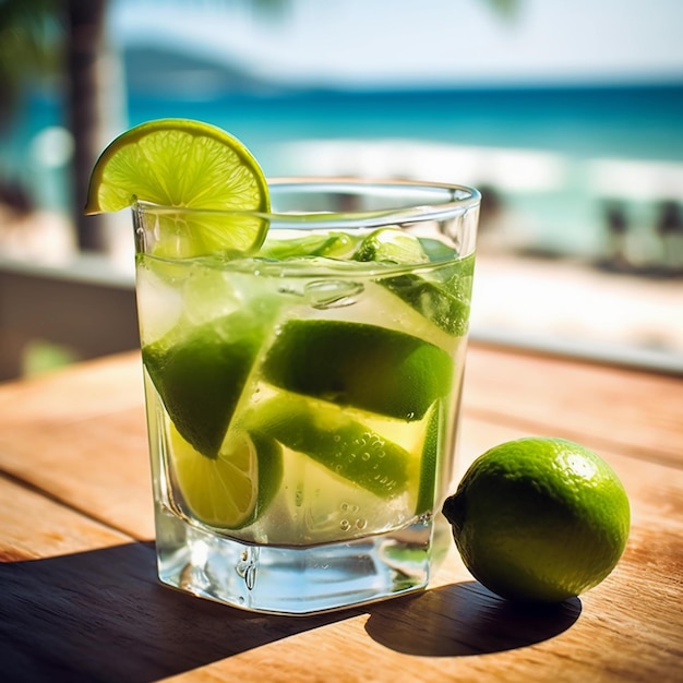 Un bicchiere di lime e un drink con una spiaggia sullo sfondo.