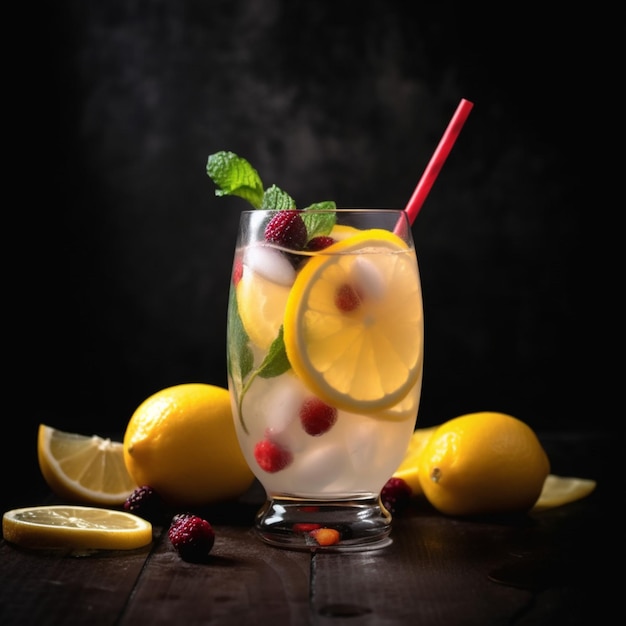 Un bicchiere di limonata con accanto una cannuccia rossa.