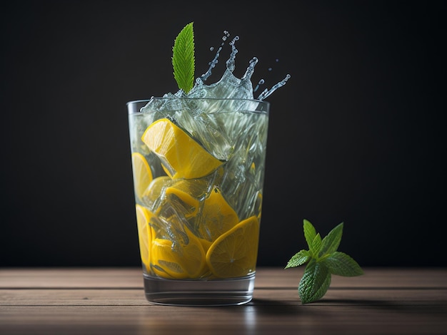 Un bicchiere di limonata con cubetti di ghiaccio e foglie di menta