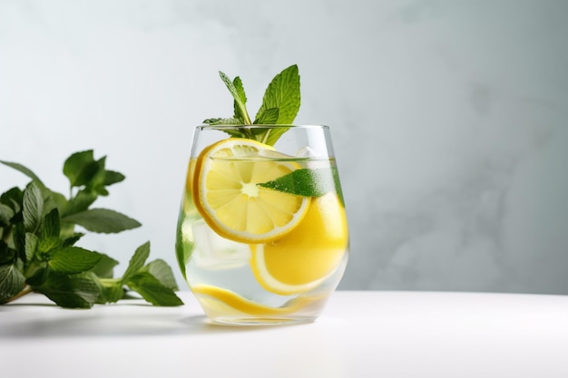 Un bicchiere di limonata con foglie di menta accanto