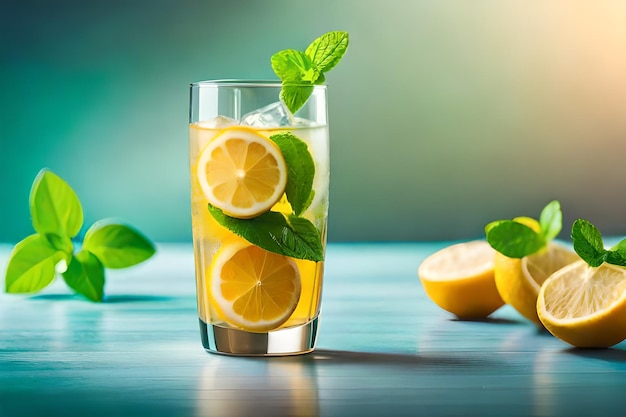 un bicchiere di limonata con foglie di menta e foglie di moneta su un tavolo.