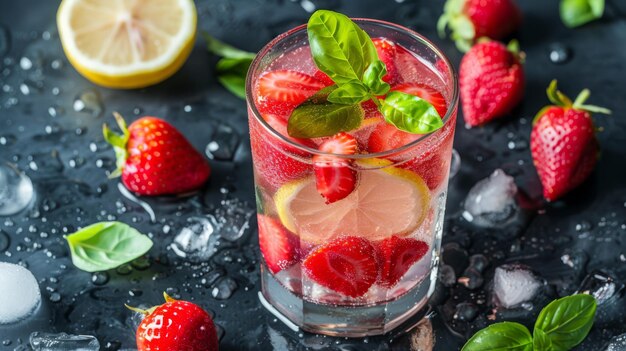 Un bicchiere di limonata con fragole fresche e basilico