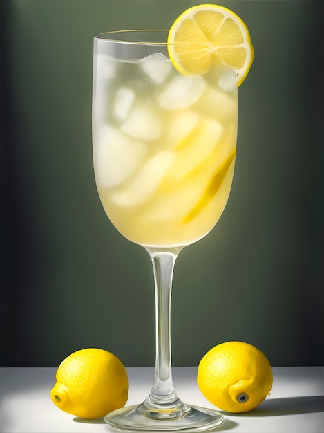 Un bicchiere di limonata con ghiaccioli e limoni su sfondo verde