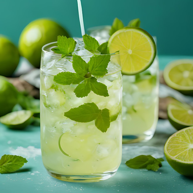 un bicchiere di limonata con lime e foglie di menta