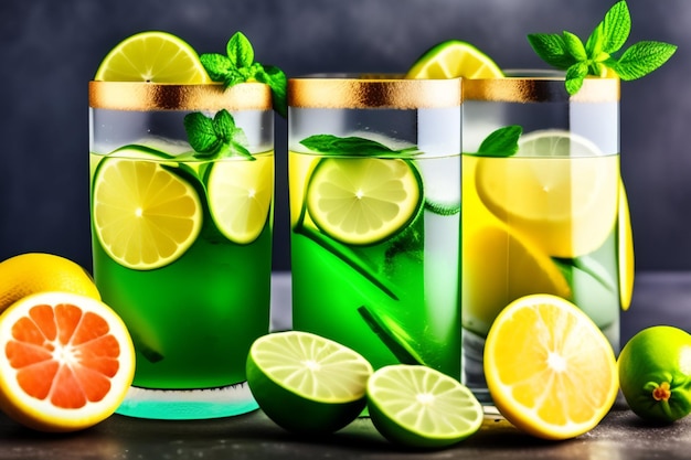 Un bicchiere di limonata con lime e limoni su uno sfondo scuro