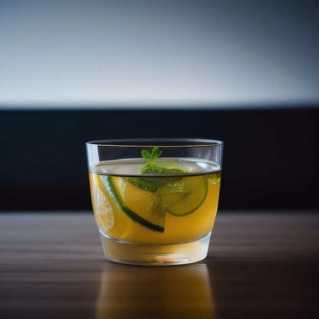 Un bicchiere di limonata con lime e menta sul lato.