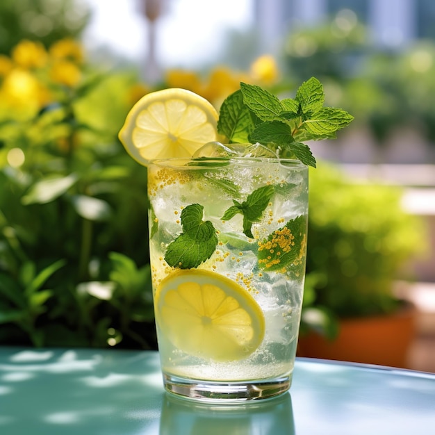 Un bicchiere di limonata con sopra una fetta di limone.