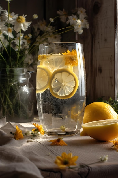 Un bicchiere di limonata con un bicchiere d'acqua e un barattolo di fiori sul tavolo.