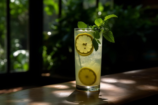 Un bicchiere di limonata con un limone sul bordo si trova su un tavolo con una pianta verde sullo sfondo.