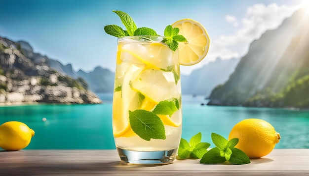 un bicchiere di limonata con un pezzo d'acqua e di limone