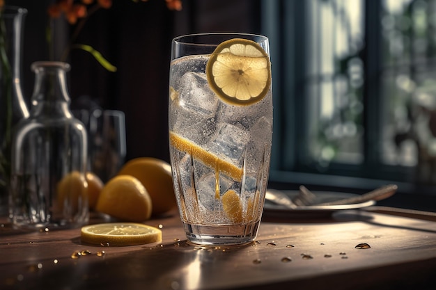 Un bicchiere di limonata con una fetta di limone sul bordo