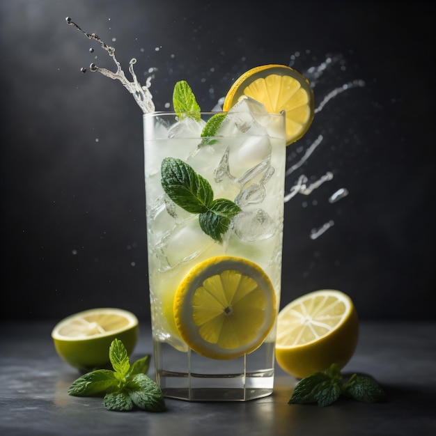 Un bicchiere di limonata con una spruzzata di limoni e una spruzzata d'acqua.