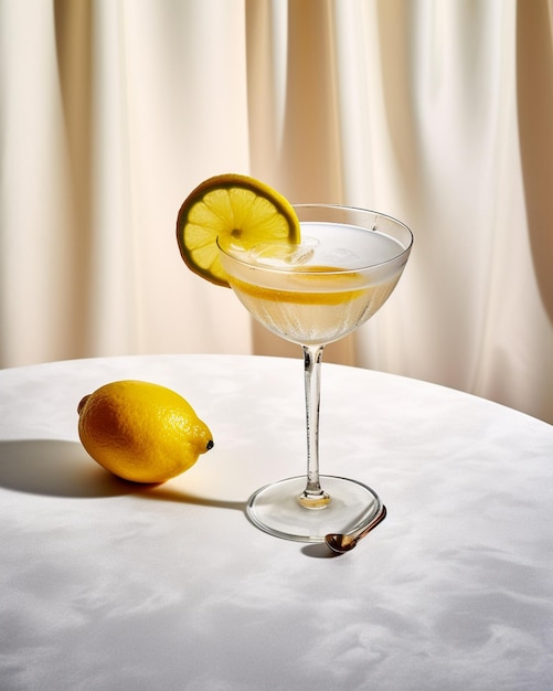 Un bicchiere di limonata e un limone su un tavolo