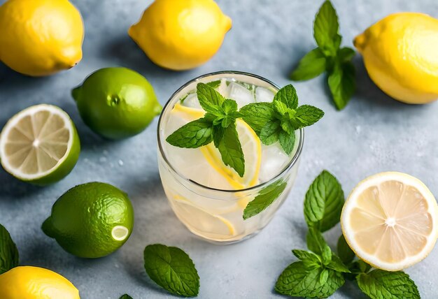 un bicchiere di limonata si siede su un tavolo con limoni e foglie di menta