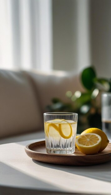 un bicchiere di limonata si siede su un vassoio con un cuneo di limone sul tavolo