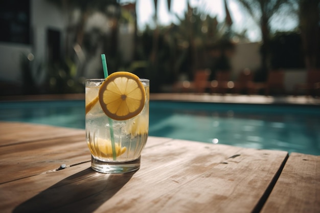 Un bicchiere di limonata si trova su un tavolo di legno accanto a una piscina.