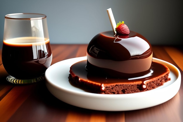 Un bicchiere di liquido accanto a una torta con sopra una fragola.