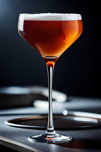 Un bicchiere di liquido arancione con uno sfondo nero