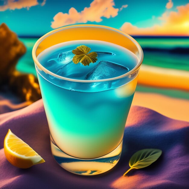 Un bicchiere di liquido blu con una fetta di limone in cima.