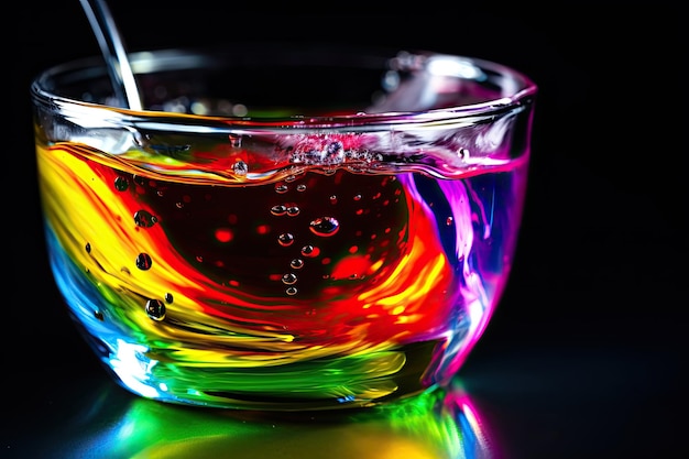 Un bicchiere di liquido con sopra la parola arcobaleno