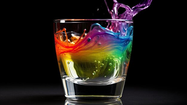 Un bicchiere di liquido con un liquido color arcobaleno che viene versato al suo interno.