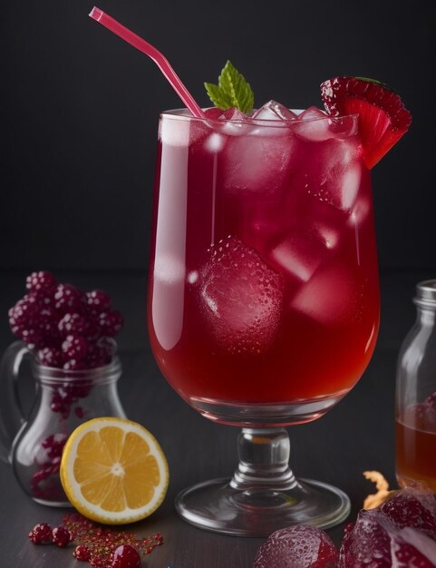 Un bicchiere di liquido rosso con un cuneo di limone