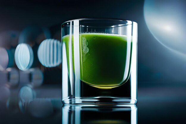 un bicchiere di liquido verde con un liquido verde dentro.