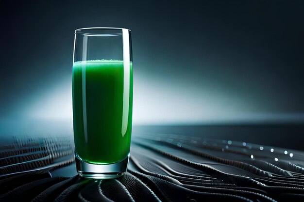 un bicchiere di liquido verde si trova su un tavolo nero.