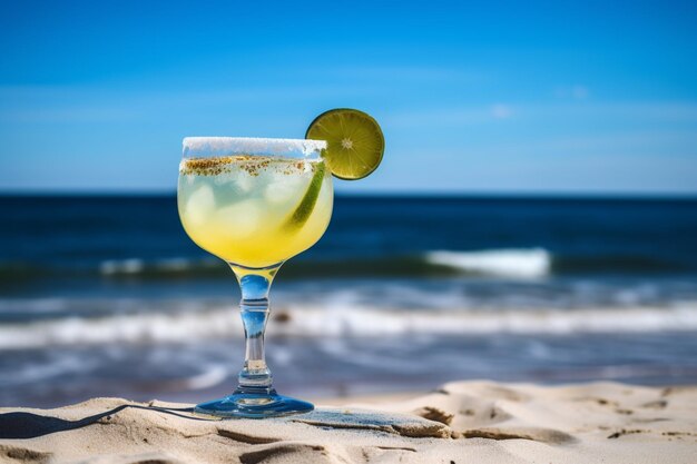 Un bicchiere di margarita sulla spiaggia con uno spicchio di lime in primo piano